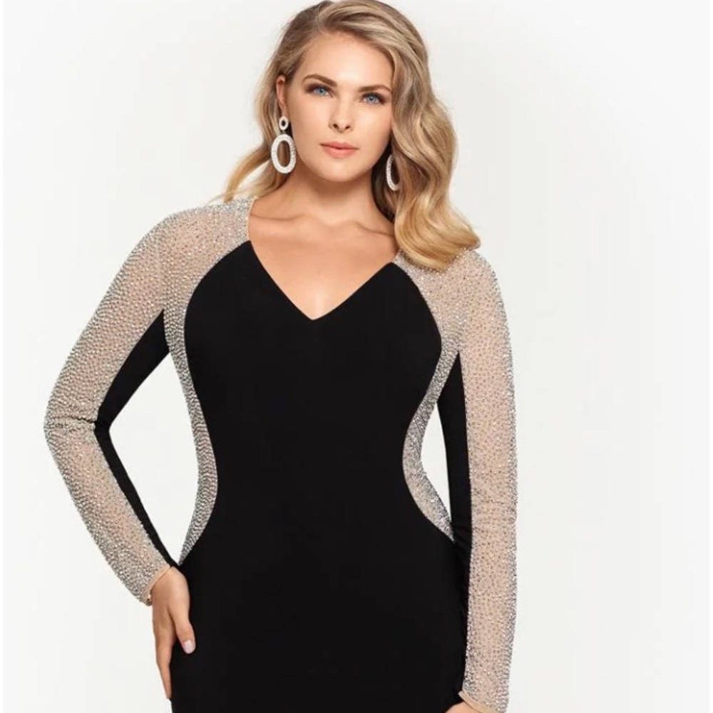 Xscape gown black jersey with beaded sleeves. NWT 14